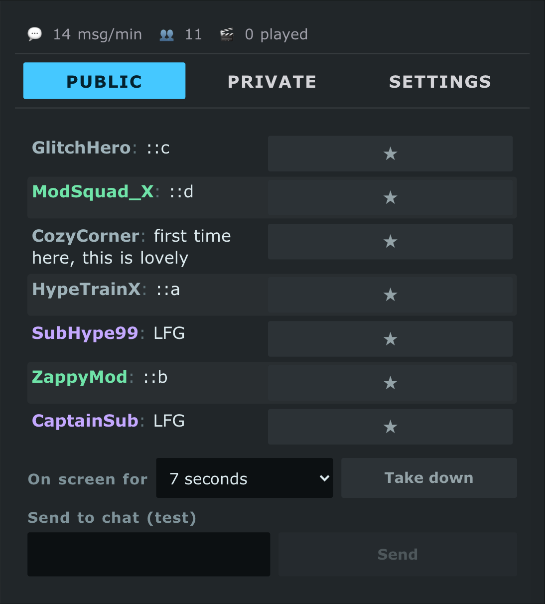 The chat beside the glass: viewers answering with ::a and ::b, mods and subs in their own colours, a star beside each message to put it on the stream, and how long it stays up