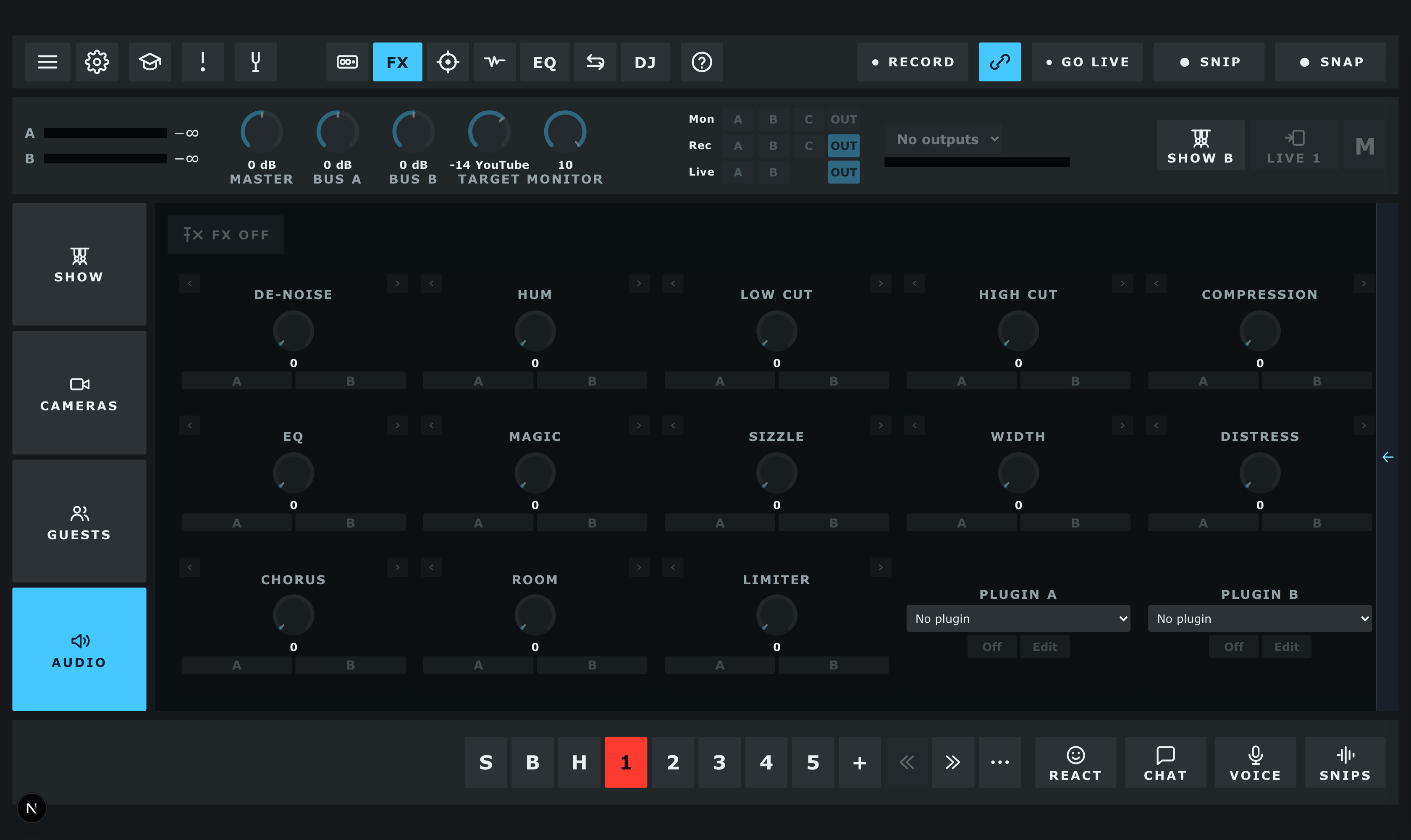 The FX page in the app: thirteen named dials — de-noise, hum, low cut, high cut, compression, EQ, magic, sizzle, width, distress, chorus, room and limiter — each with its own A and B keys, and a plugin slot for each channel