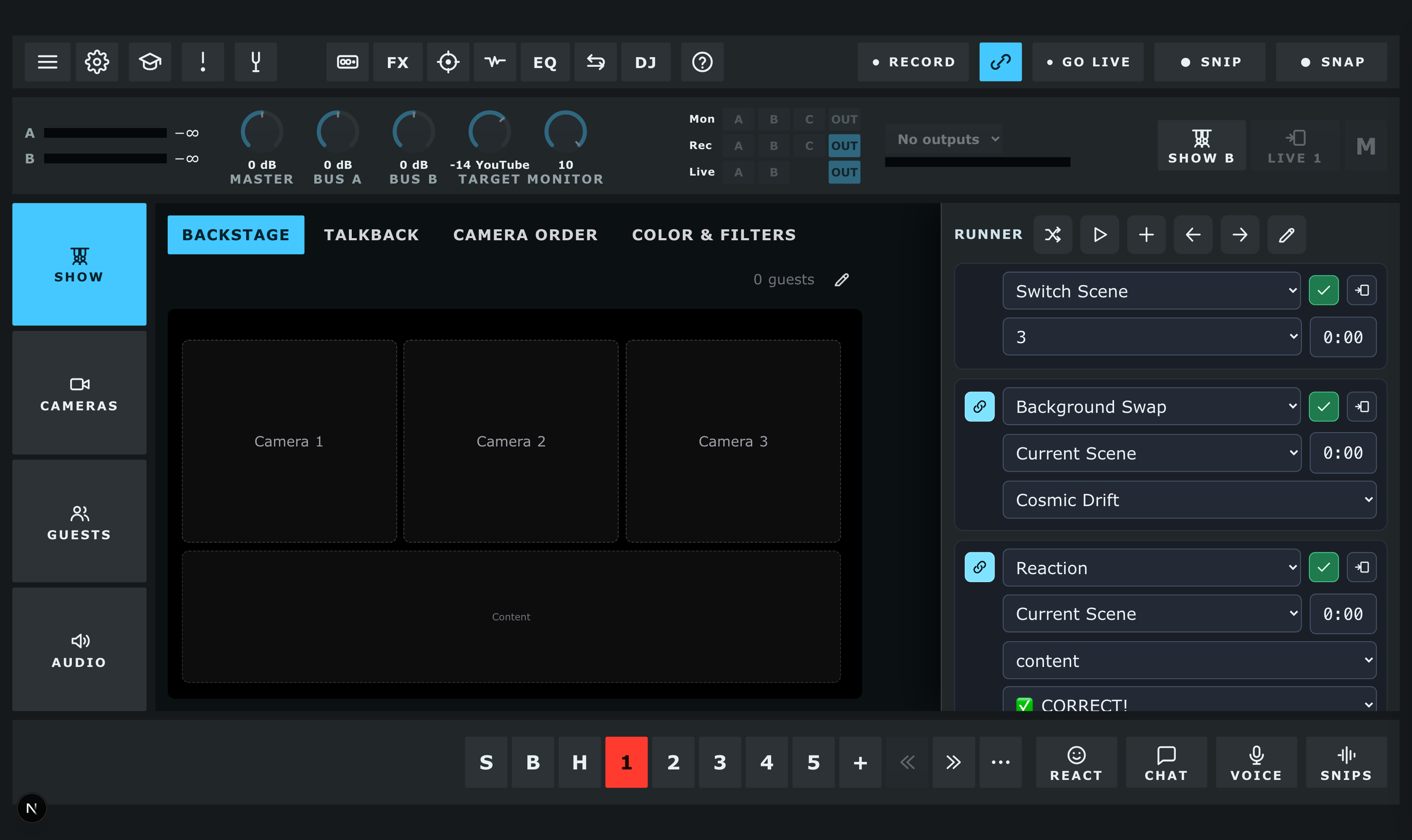 The panel running a show of five scenes, with Record, Go Live, Snip and Snap along the top and the Mon, Rec and Live rows beside the channel dials