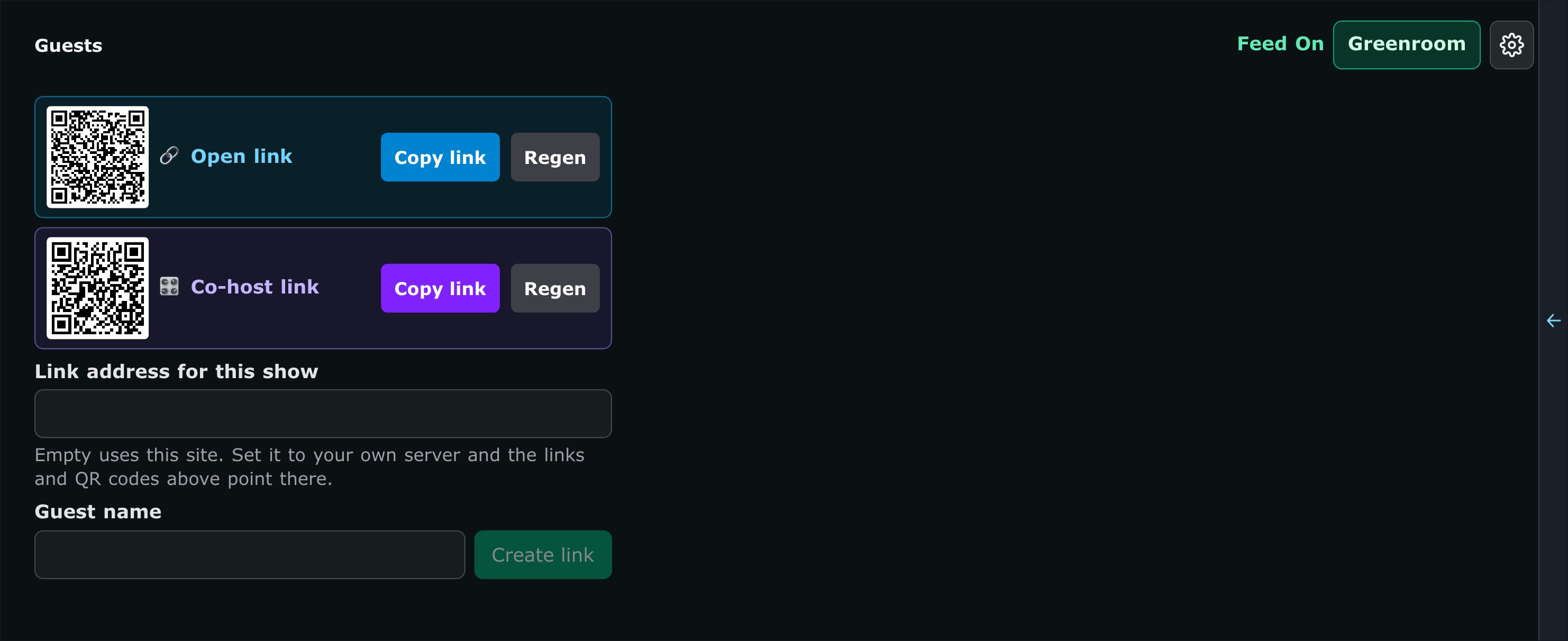 The Guests page: a QR code and link for a guest, another for a co-host, a field for your own link address, and a box to name a guest and make their link